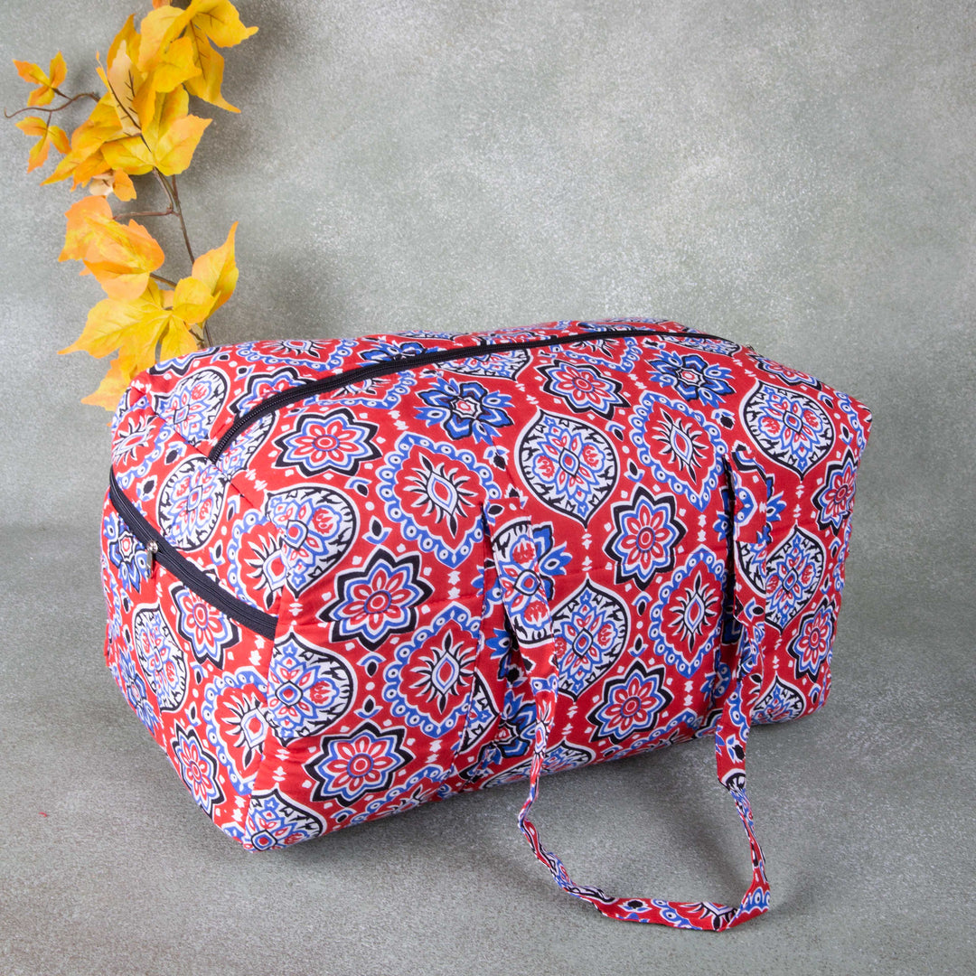 Rectangle Travel Bag Red with Blue Colour Flower Design