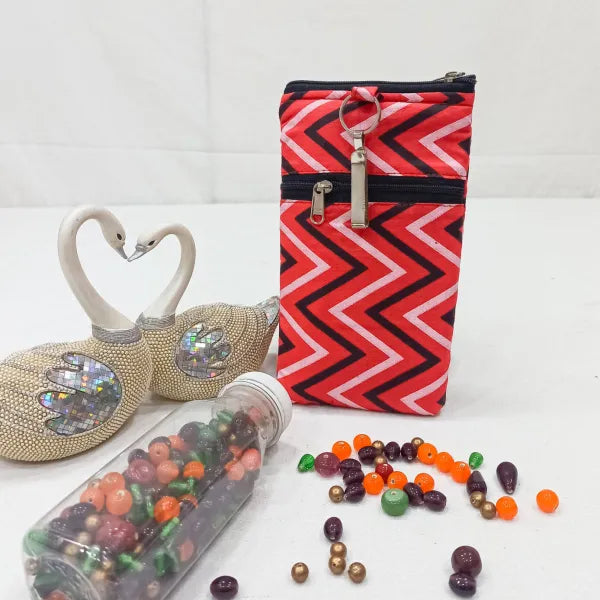 Saree Clip Mobile Pouch Red with Black and White Zig Zag Design