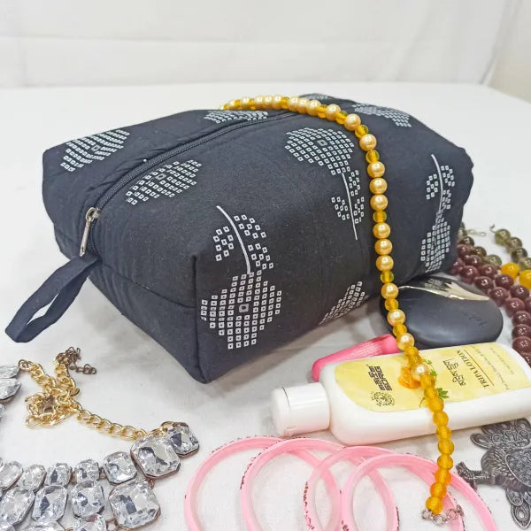 Vanity Pouch Black Colour with Big Flower Design.