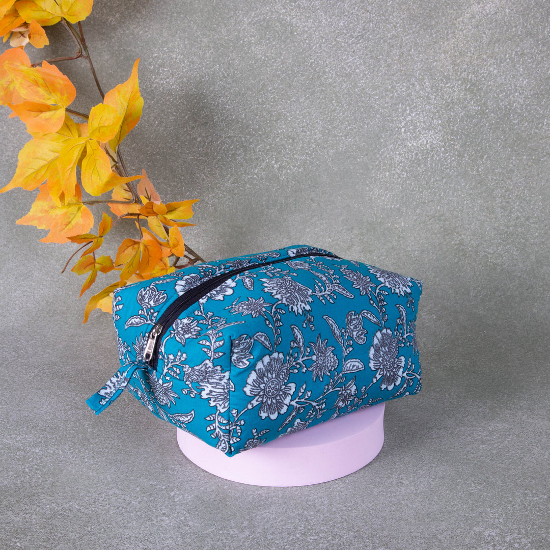Vanity Pouch Blue Colour with Grey Colour Flower Design.