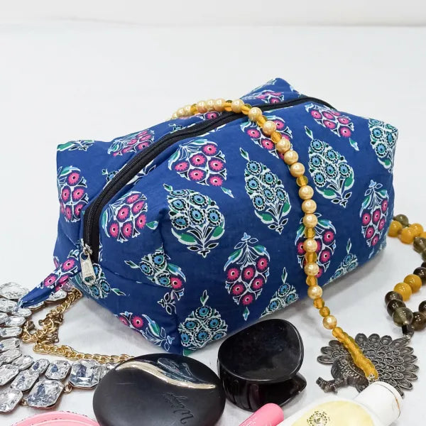 Vanity Pouch Blue with Pink flower Design