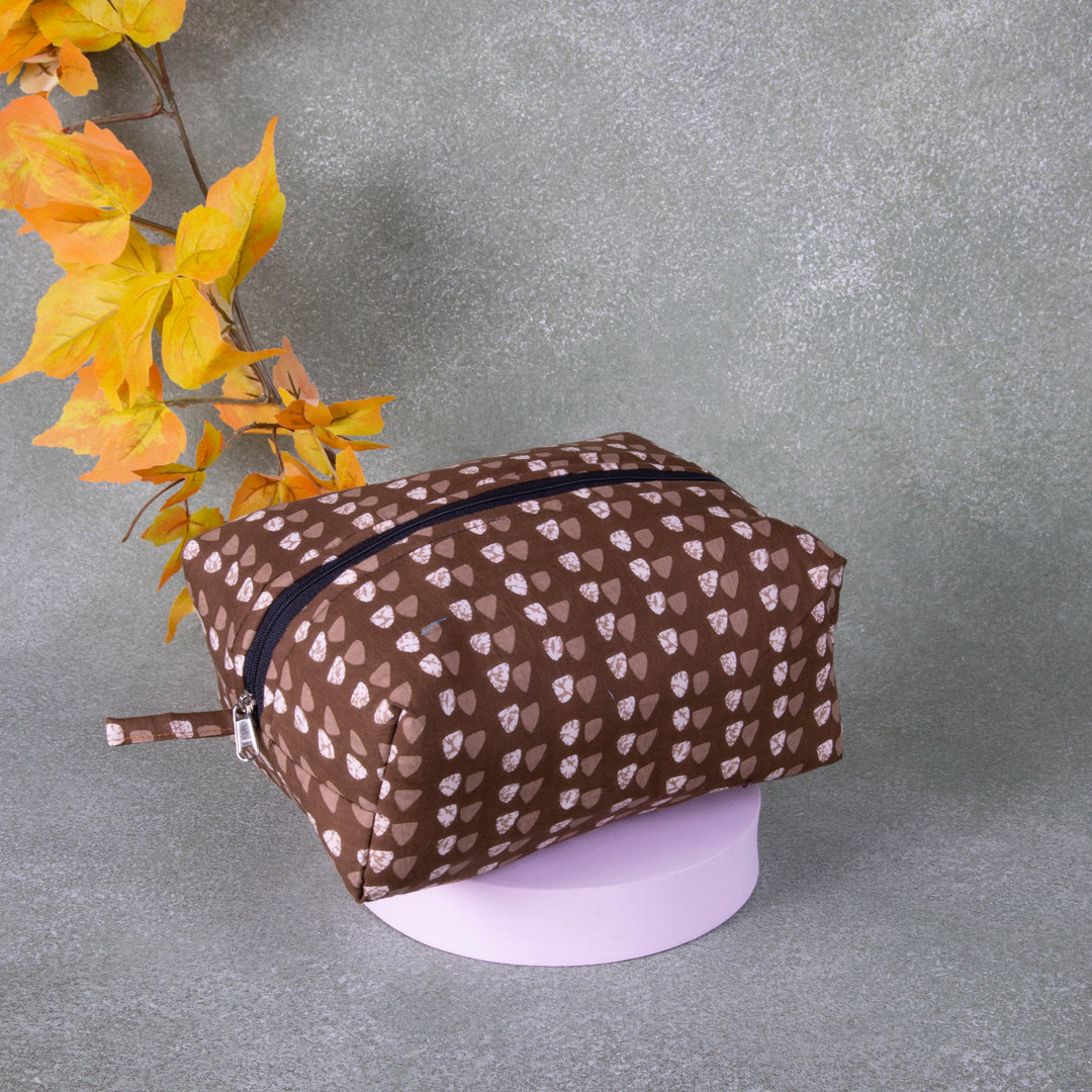 Vanity Pouch Brown Colour with White Dots Design.