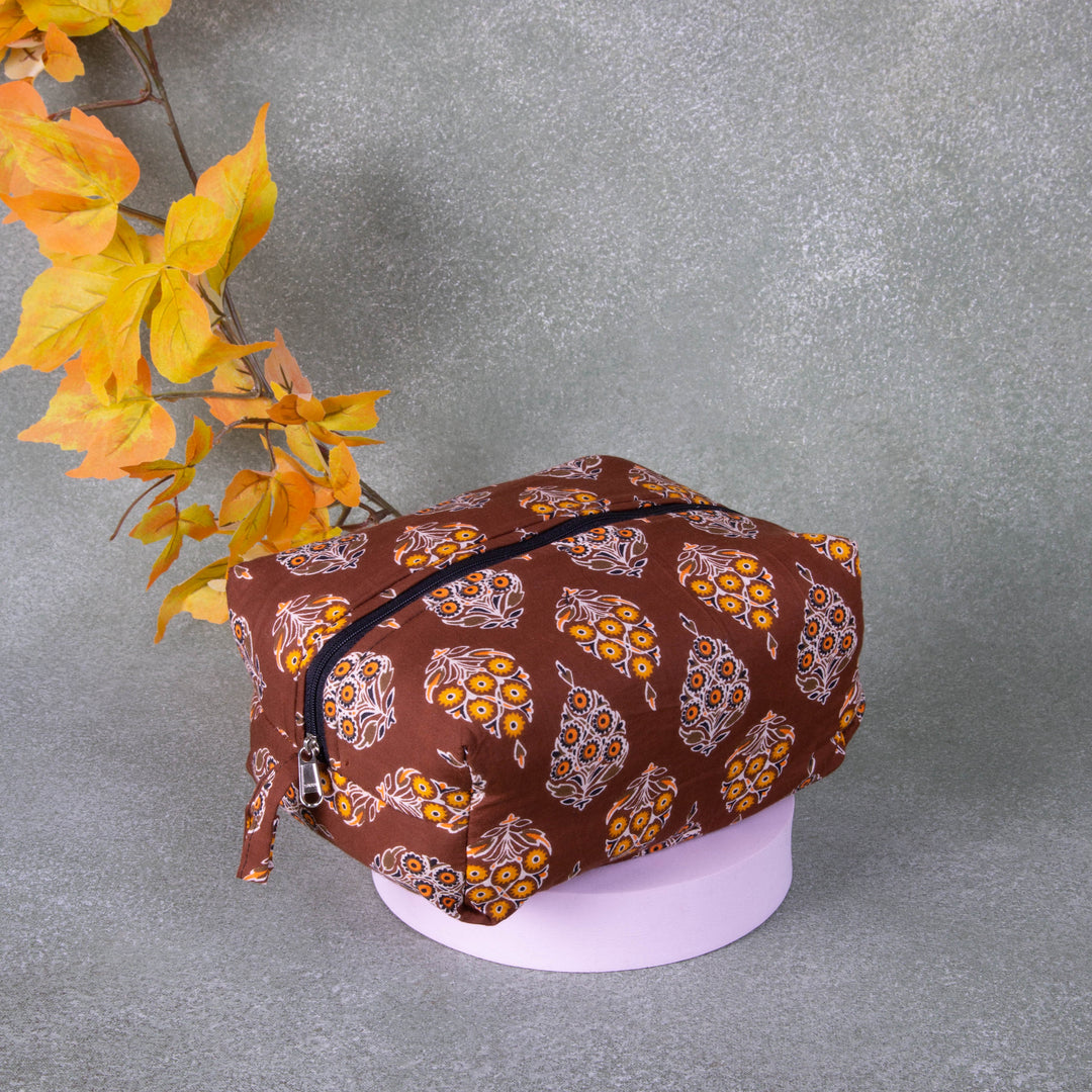 Vanity Pouch Brown with Mustered Colour Flower Design.
