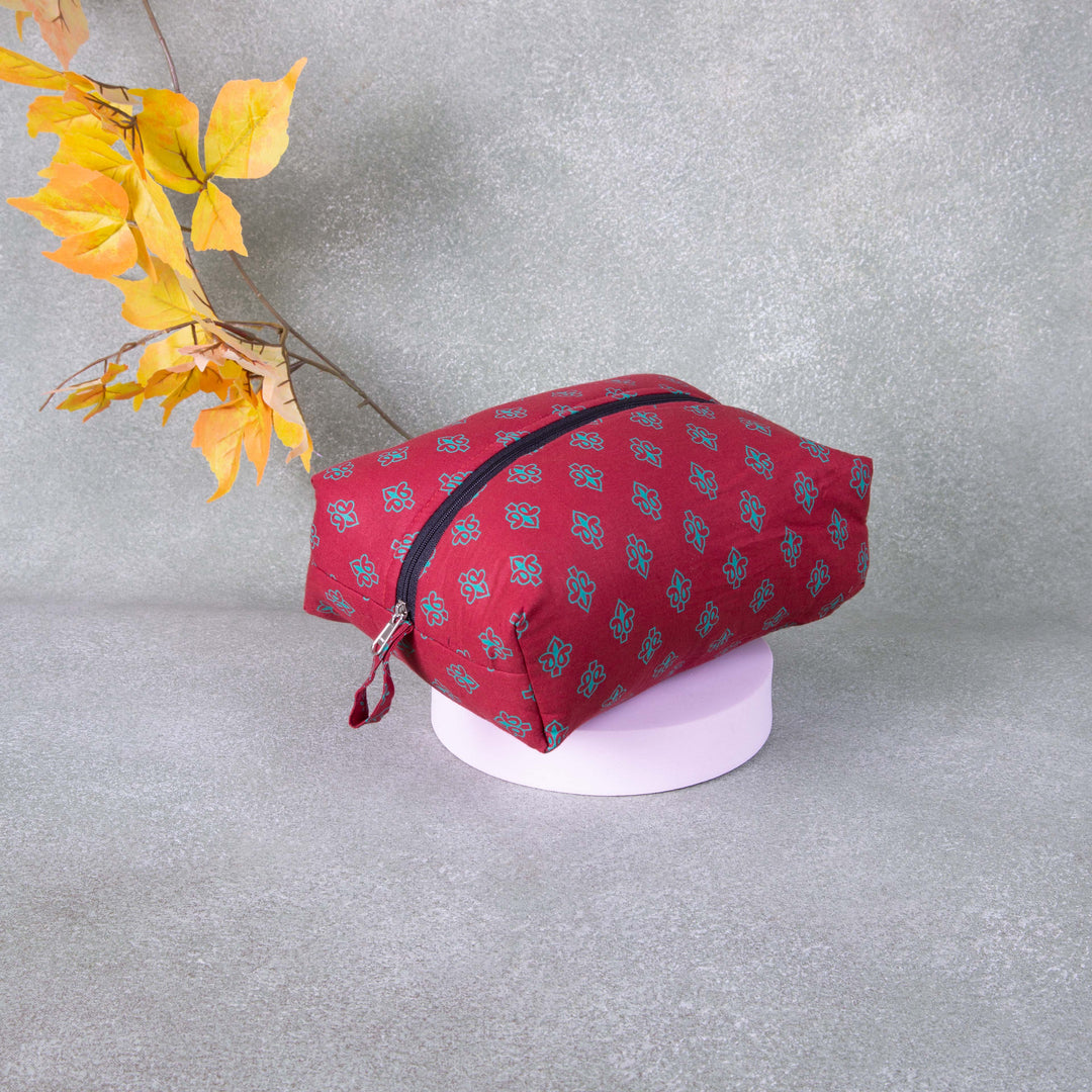 Vanity Pouch Marron Colour with Green Flower Design.
