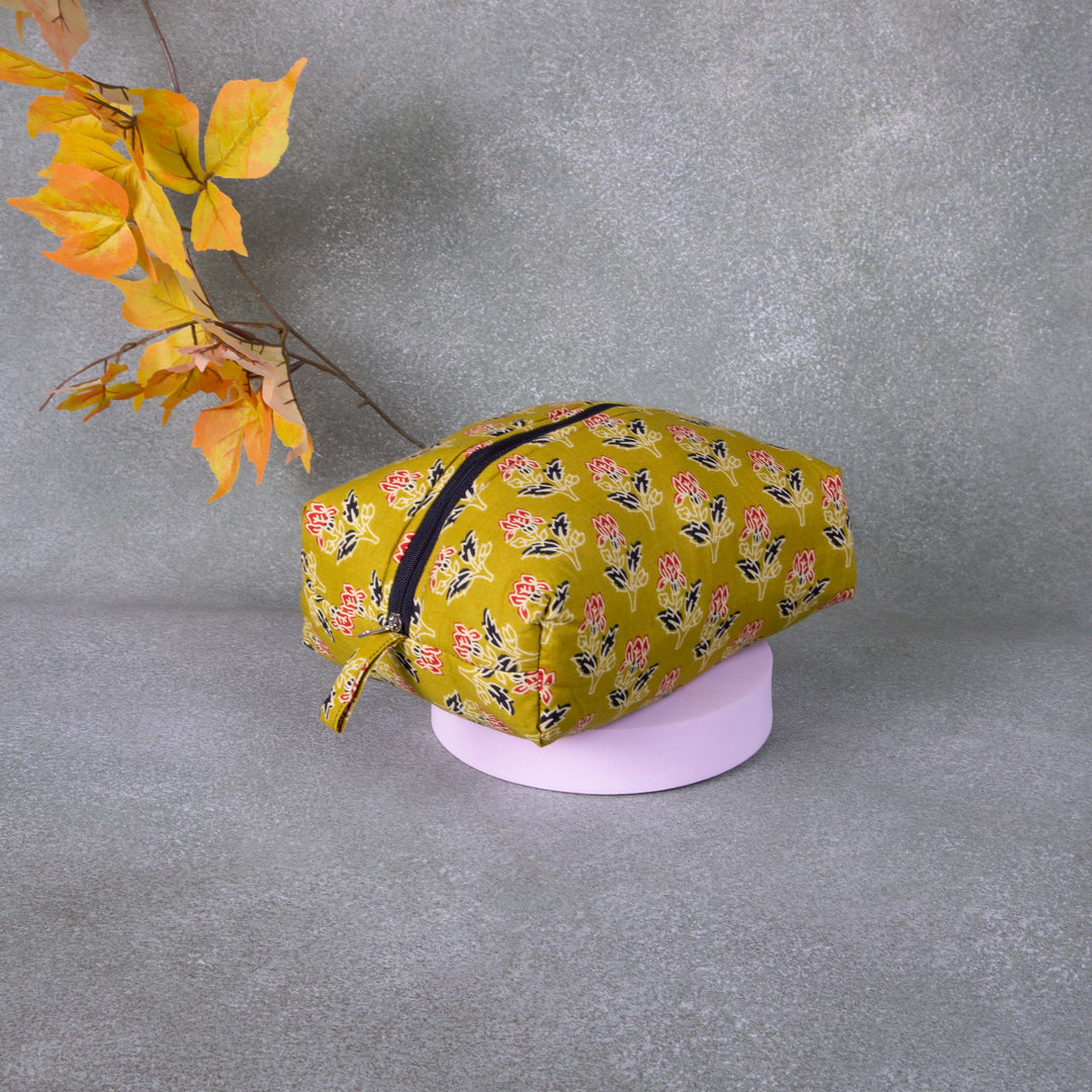 Vanity Pouch Mustered Colour with Red Colour Flower Design.