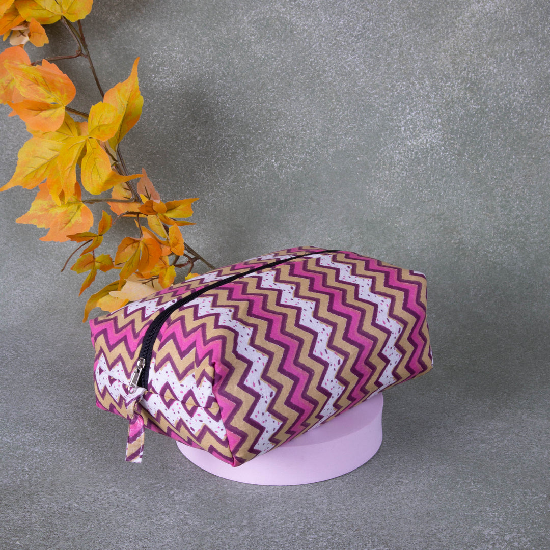 Vanity Pouch Pink Colour with White Zig zag Design.