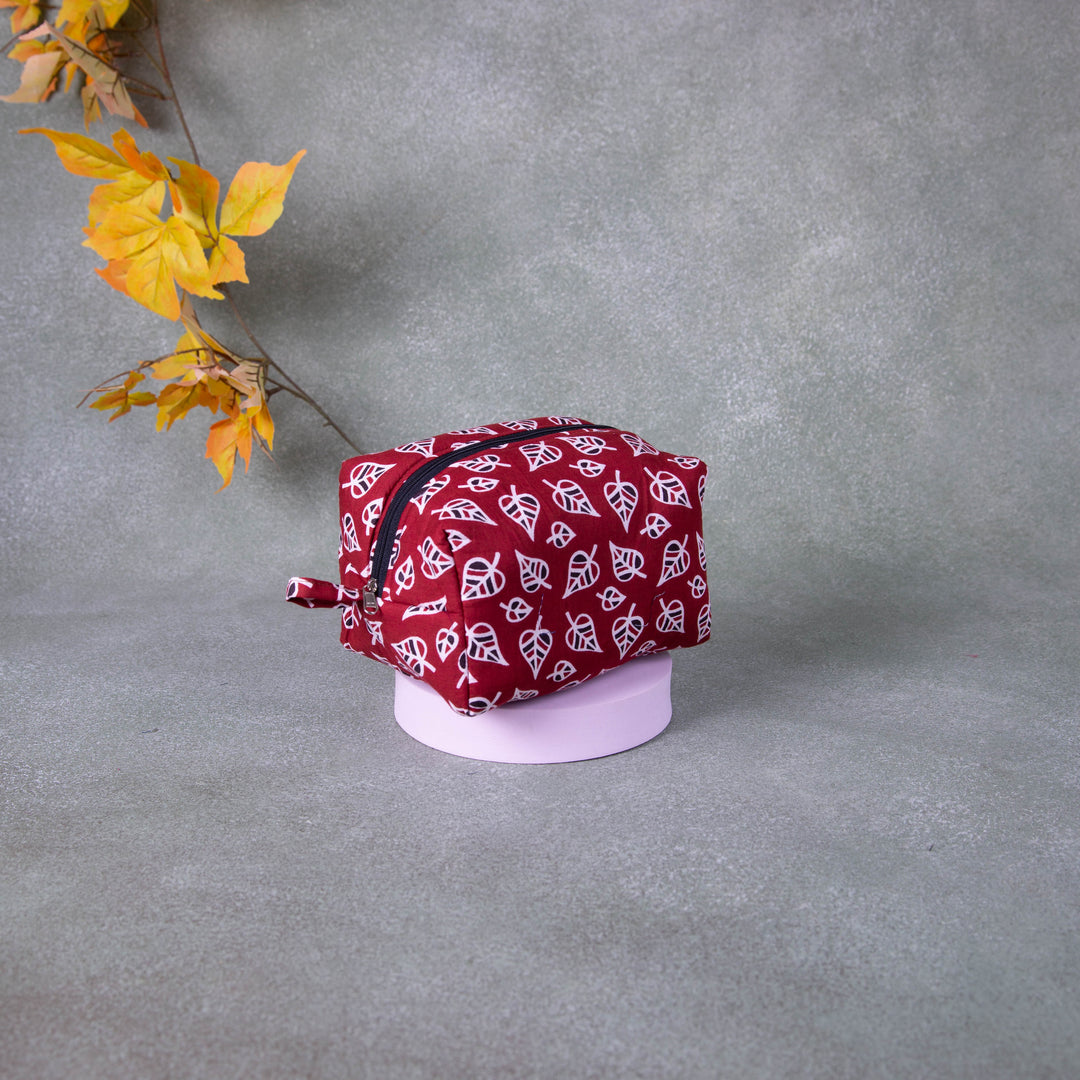 Vanity Pouch Red Colour Leaf Design.