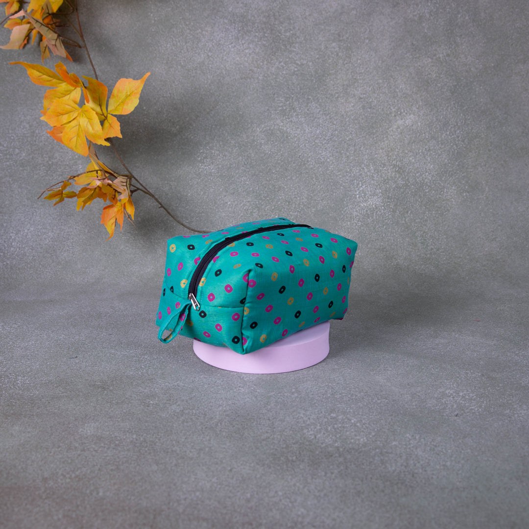Vanity Pouch Green Colour with Pink Dots Design.