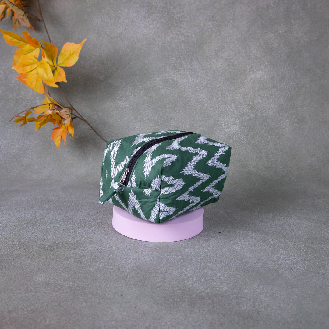 Vanity Pouch Green Colour with White zig zag Design.