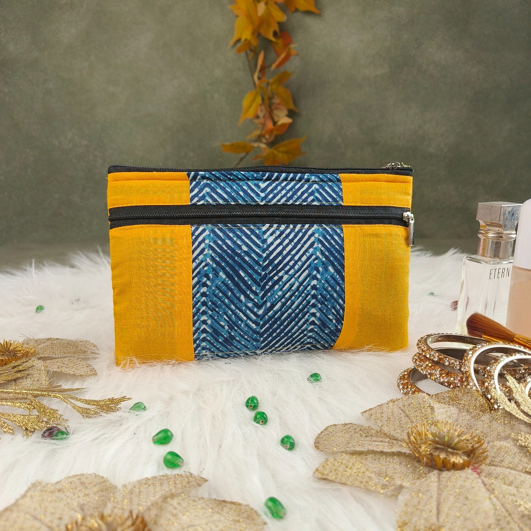 Cotton Multizip Purse Yellow with Blue Colour Zig Zag Design