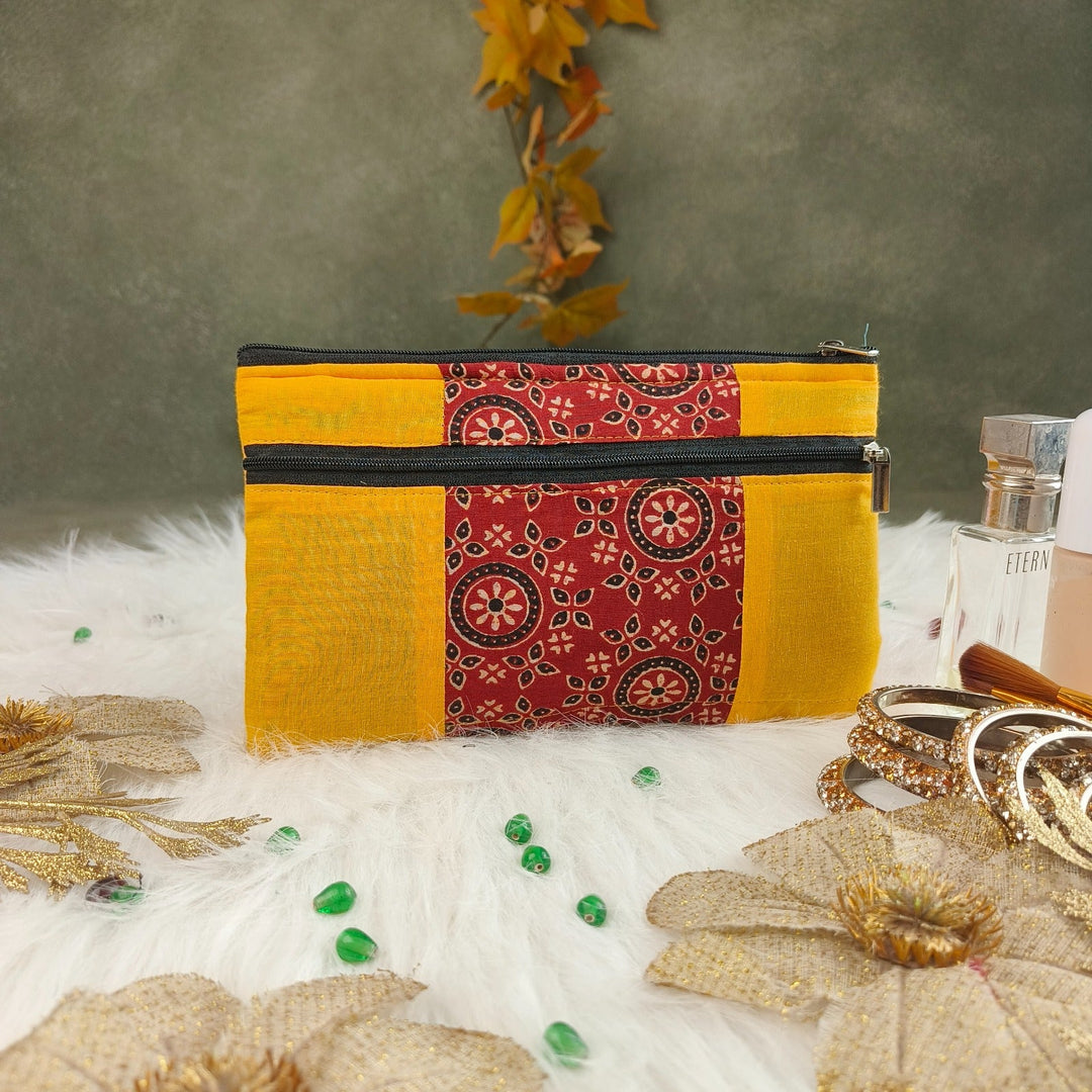 Cotton Multizip Purse Maroon with Yellow Prints.