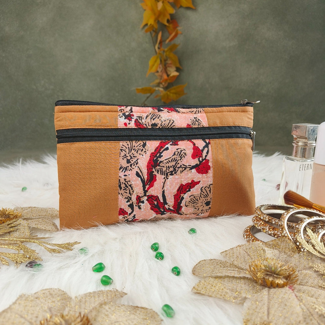 Cotton Multizip Purse Brown Colour with Red Colour Prints