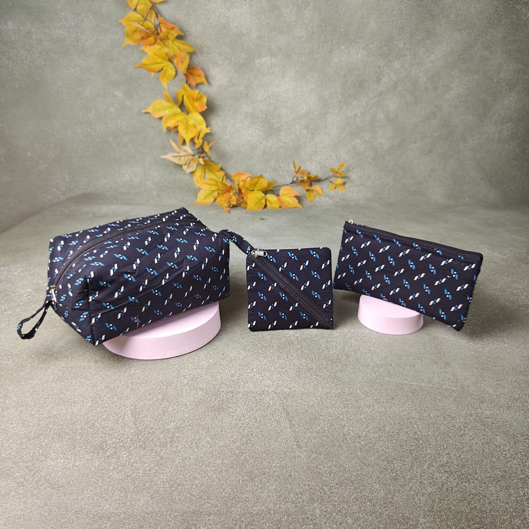 Pocket Vanity Black with Blue and White Sprig Prints.