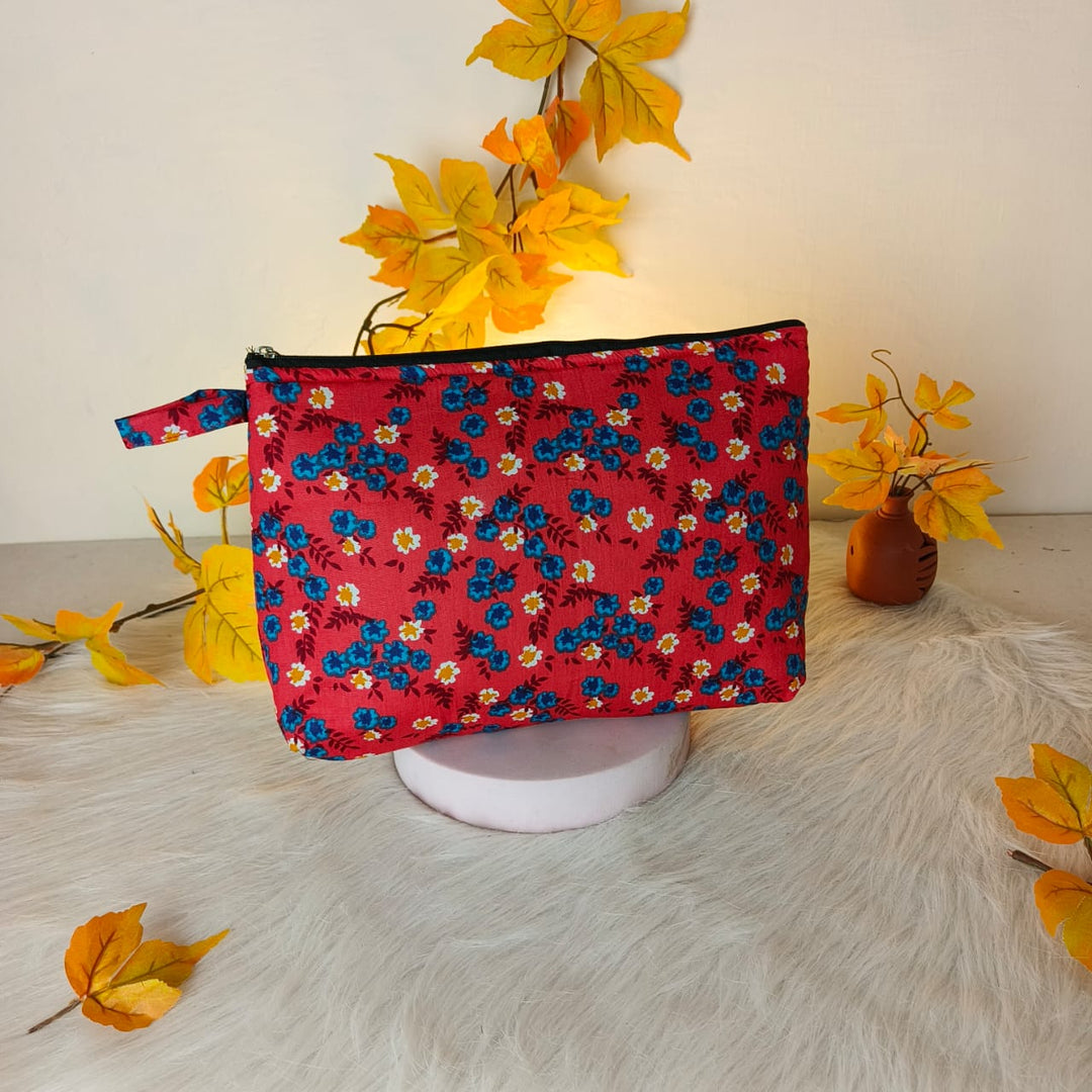 Jumbo Makeup pouch Orange with Blue Small Flower Design.