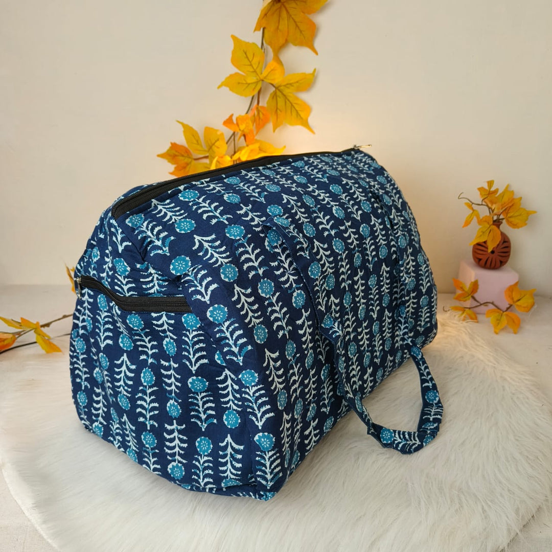 Weekender Travel Bag Blue With Floral Design.