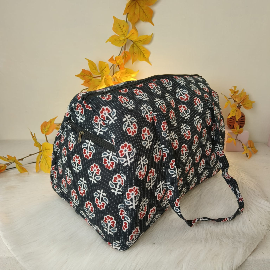 Weekender Travel Bag Black with Red Floral Design