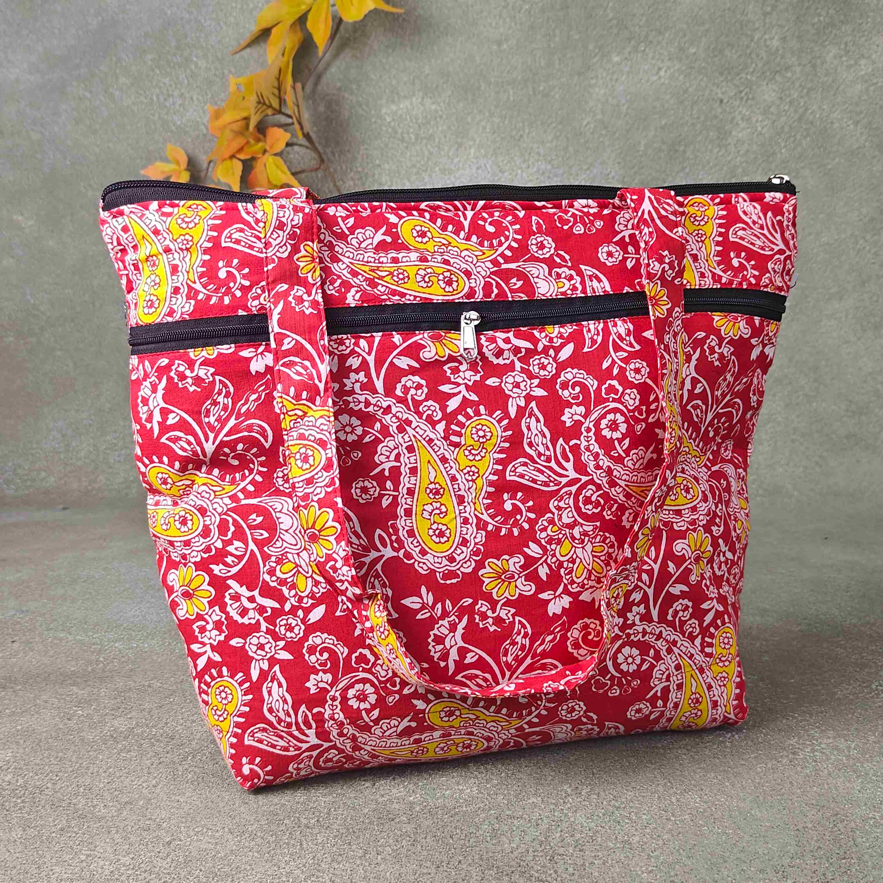 Medium Size Handbag Red With Yellow And White Flower Leaf Design Print 