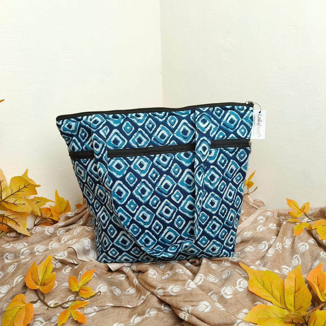 Medium Size Handbag Blue with White Prints