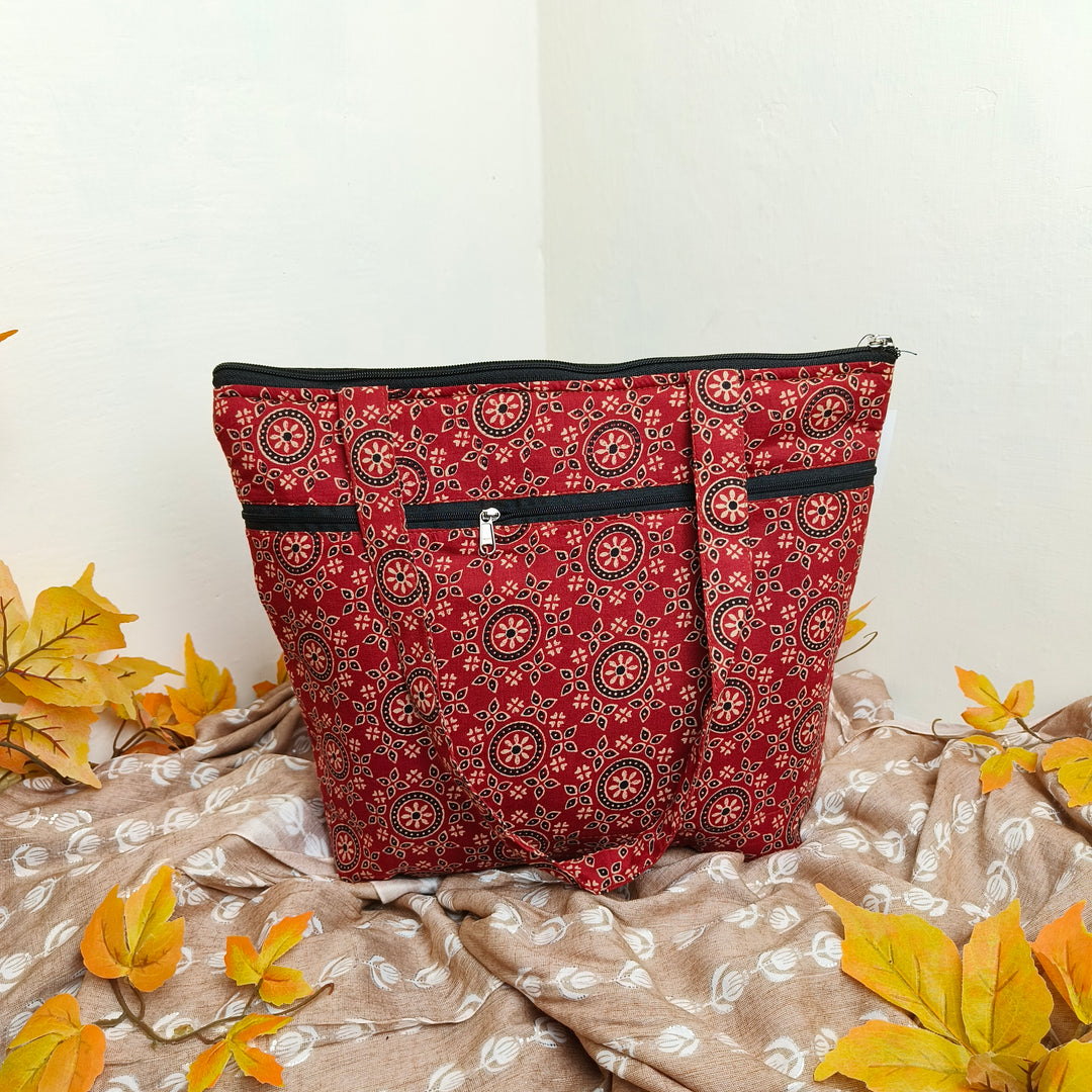 Medium Size Handbag Maroon with Flower Design.