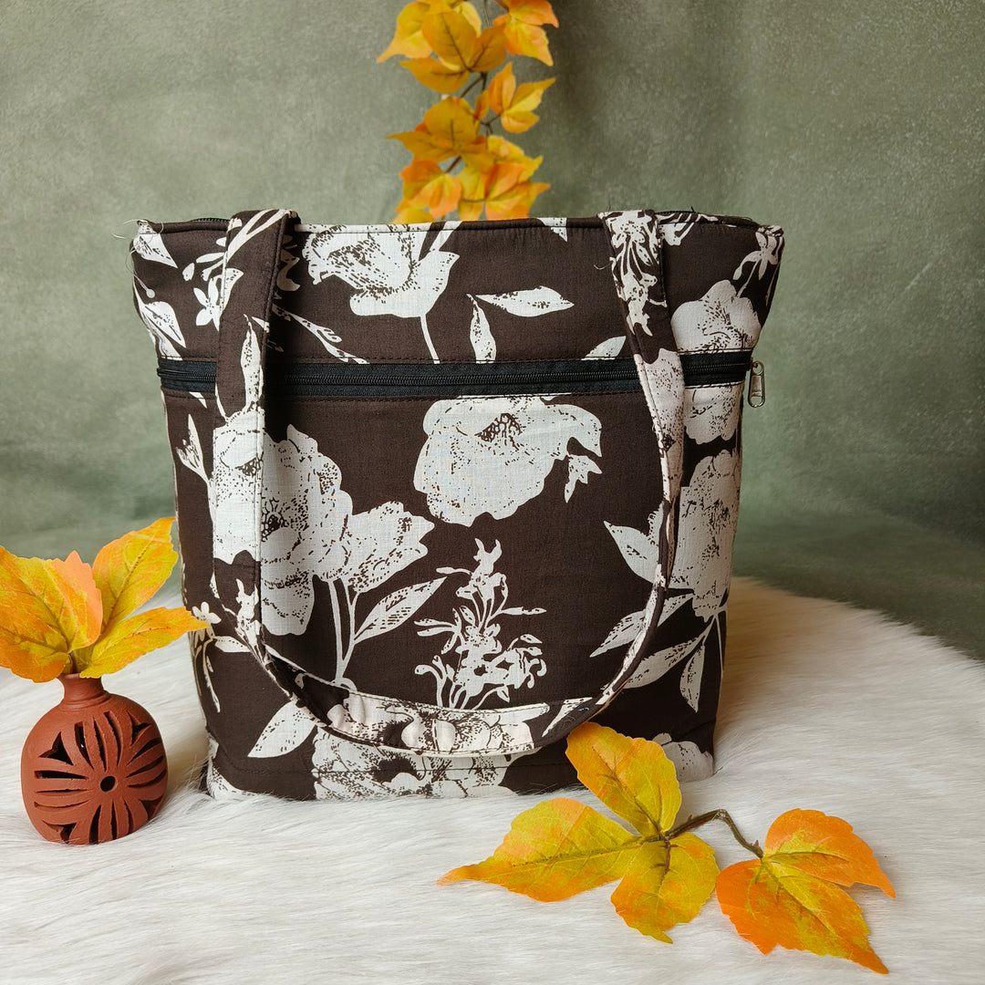 9Am to 5Pm tote Brown with white floral print