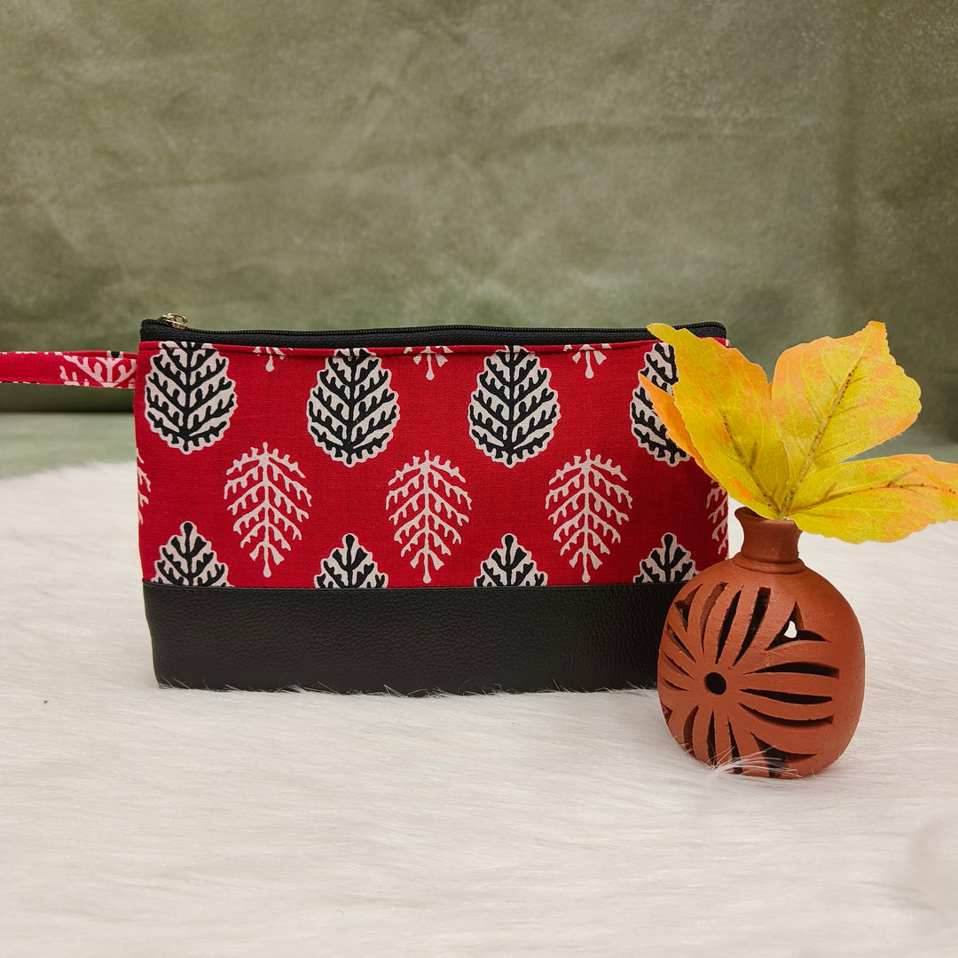 Jaipur Cotton Purse red with leaf print