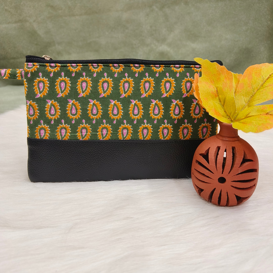 Jaipur Cotton Purse green with yellow mango print