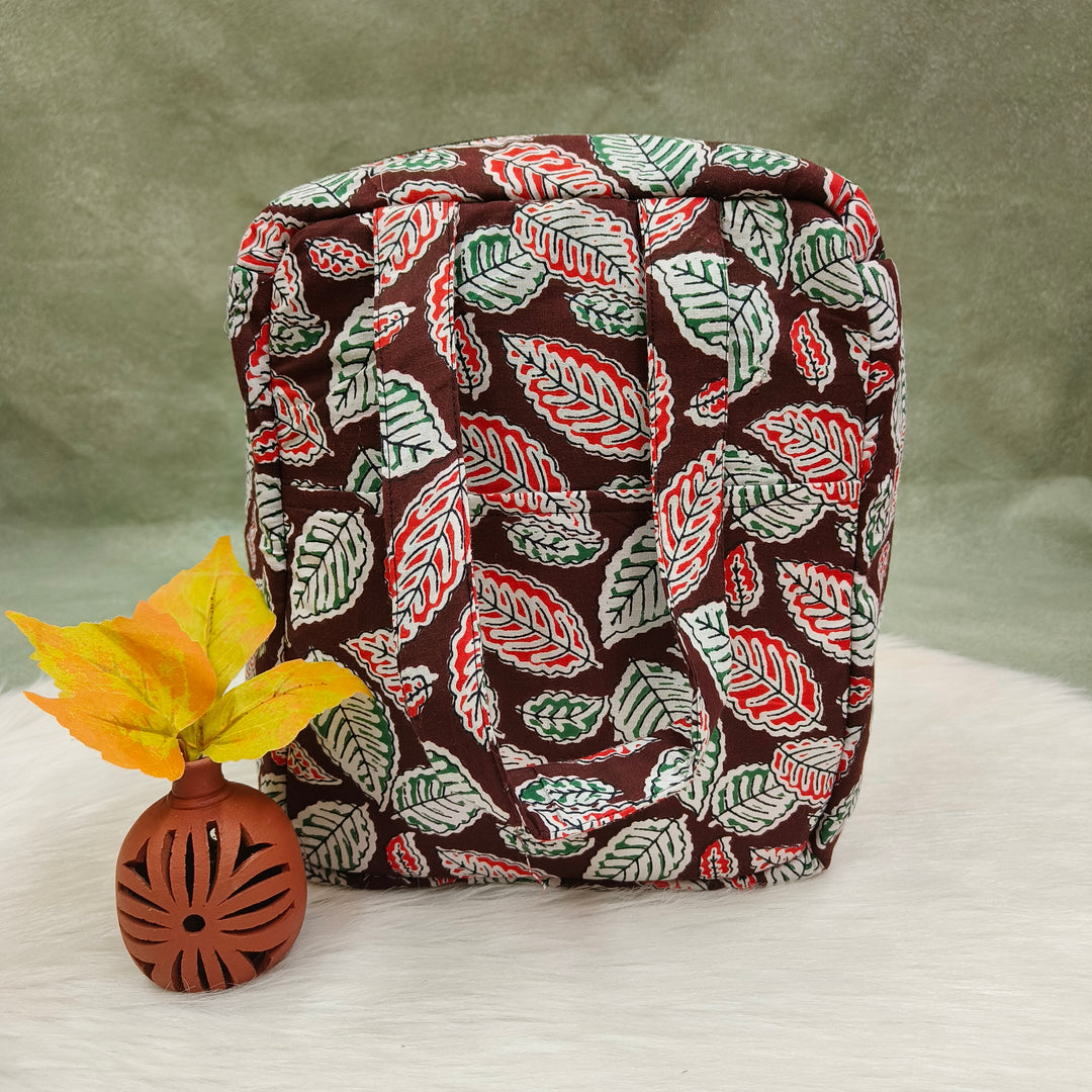 Water Proof Cotton Lunch Bag brown with leaf print