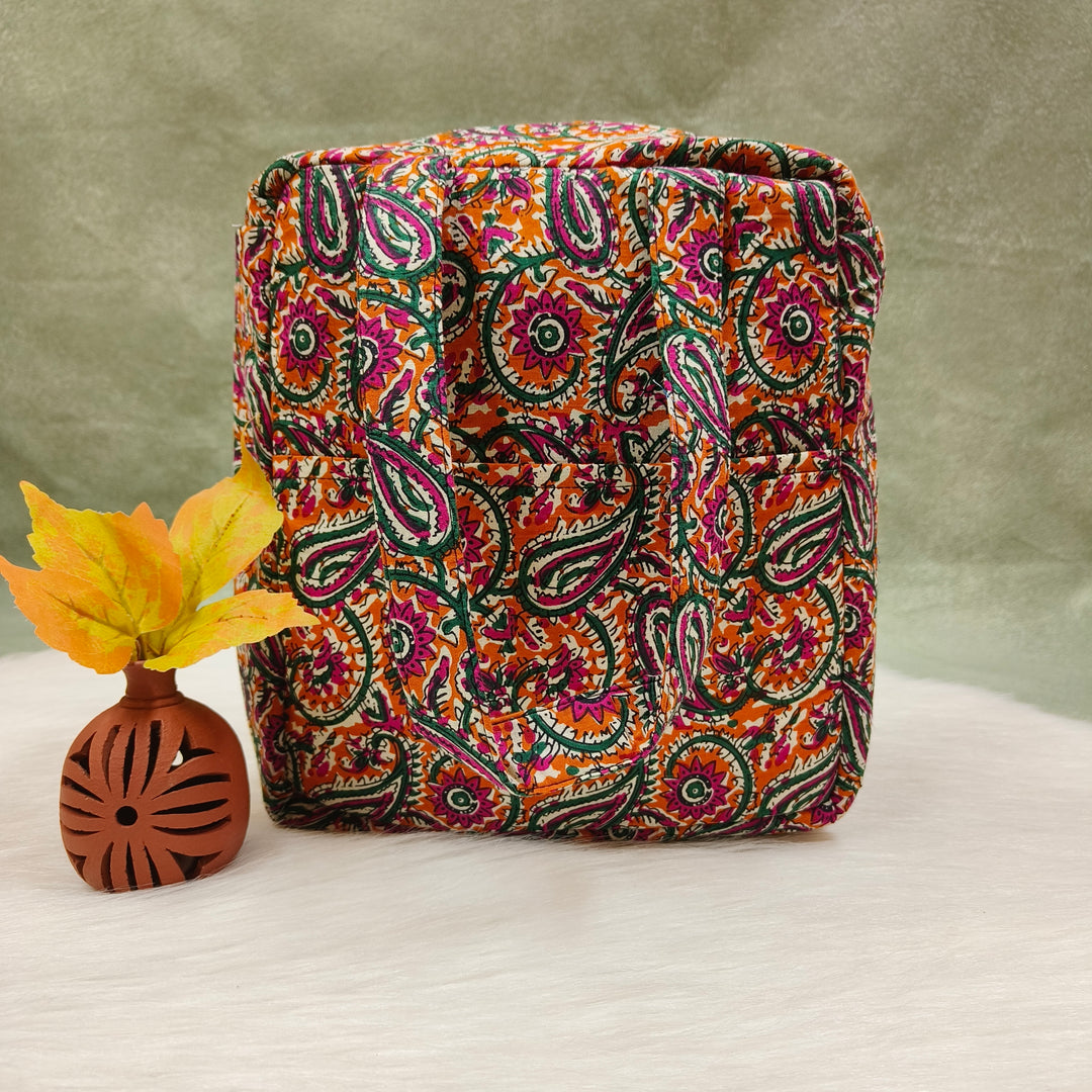 Water Proof Cotton Lunch Bag Orange with mixed color print