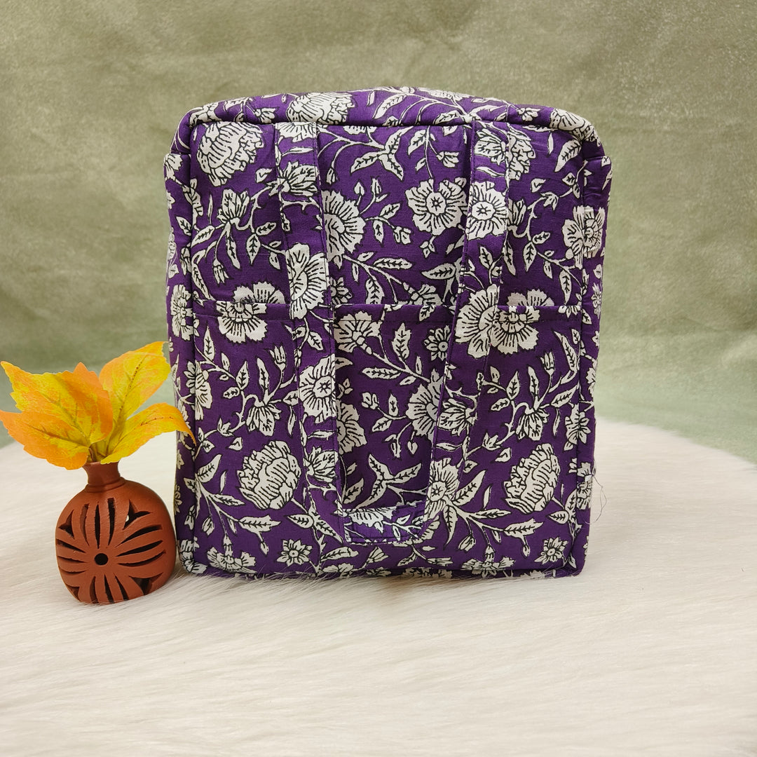 Water Proof Cotton Lunch Bag Violet with flower print