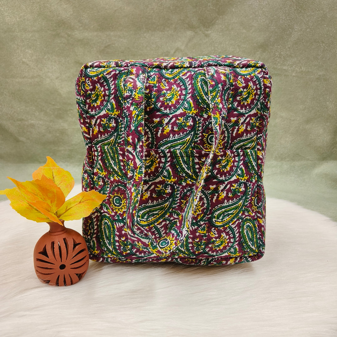 Water Proof Cotton Lunch Bag Green with mixed color print