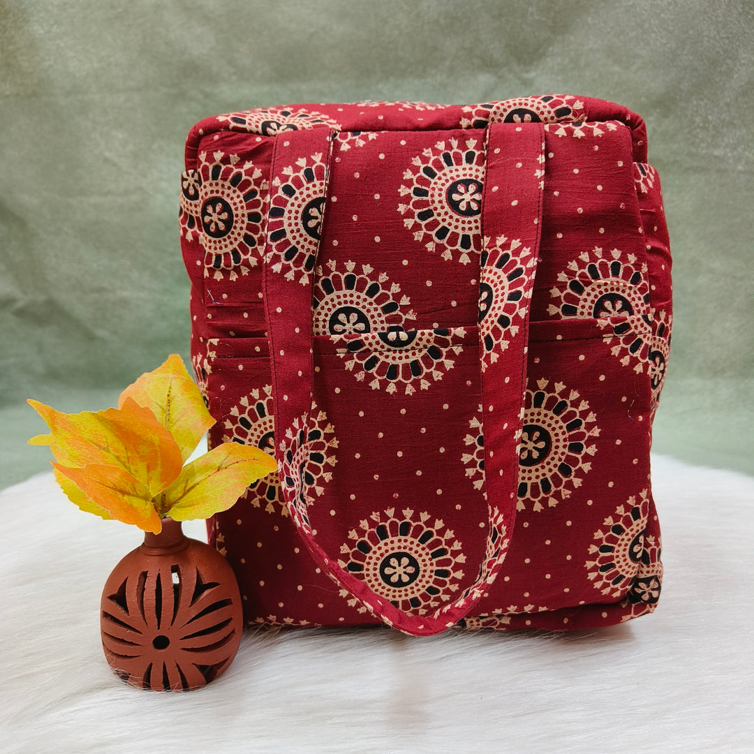 Water Proof Cotton Lunch Bag Red with circle print