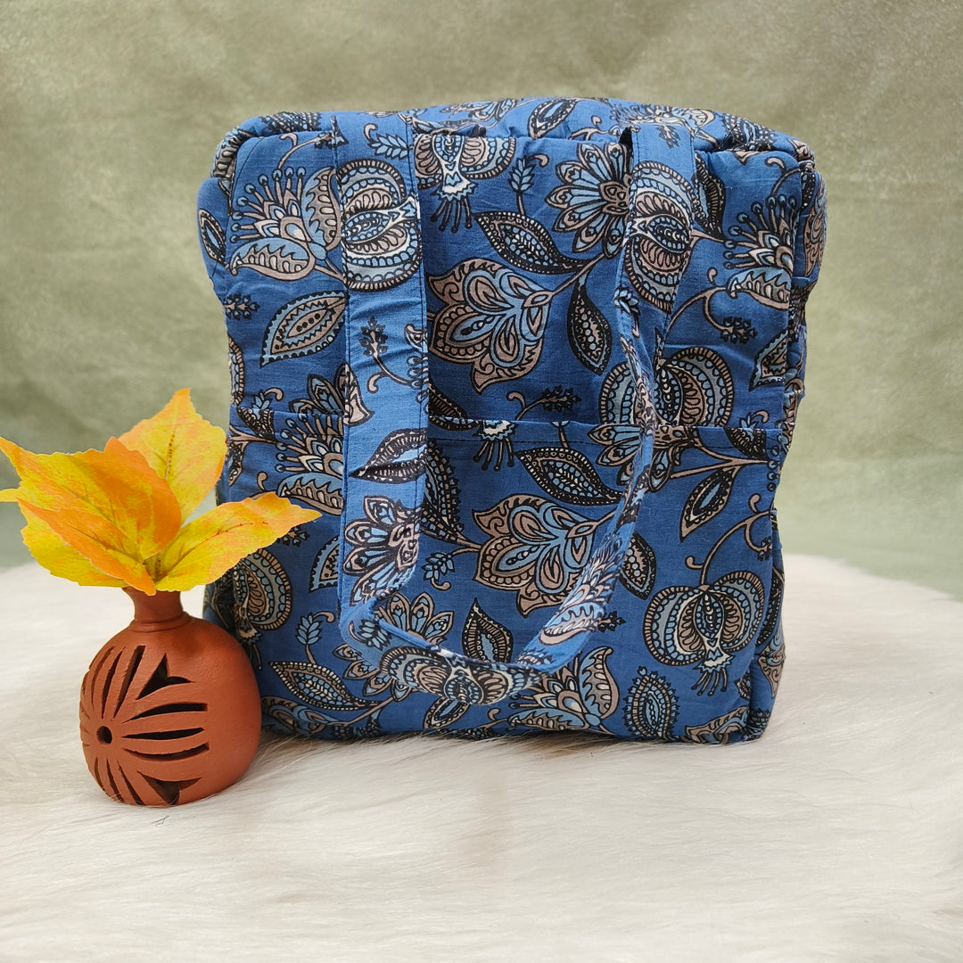 Water Proof Cotton Lunch Bag Blue with flower print