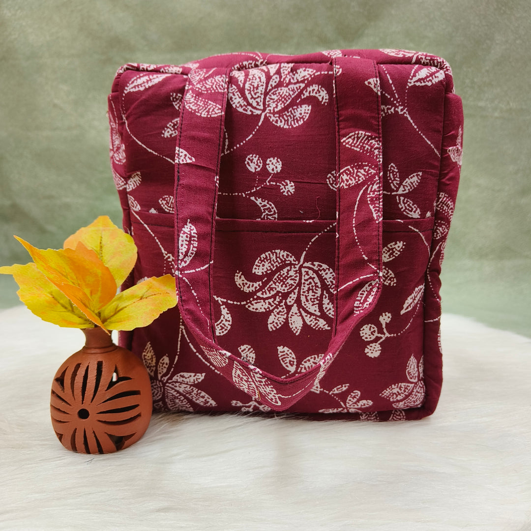 Water Proof Cotton Lunch Bag Red Jaipuri Florals