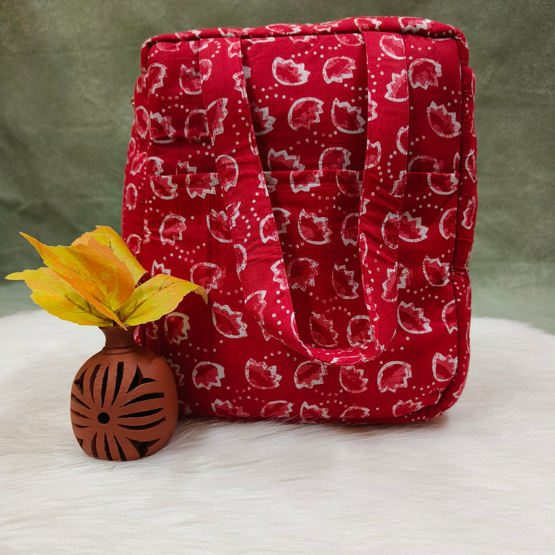 Water Proof Cotton Lunch Bag Red with bud print