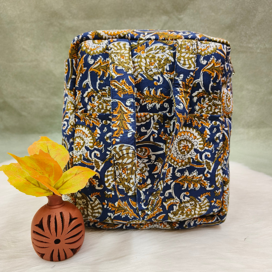Water Proof Cotton Lunch Bag Blue with flower print