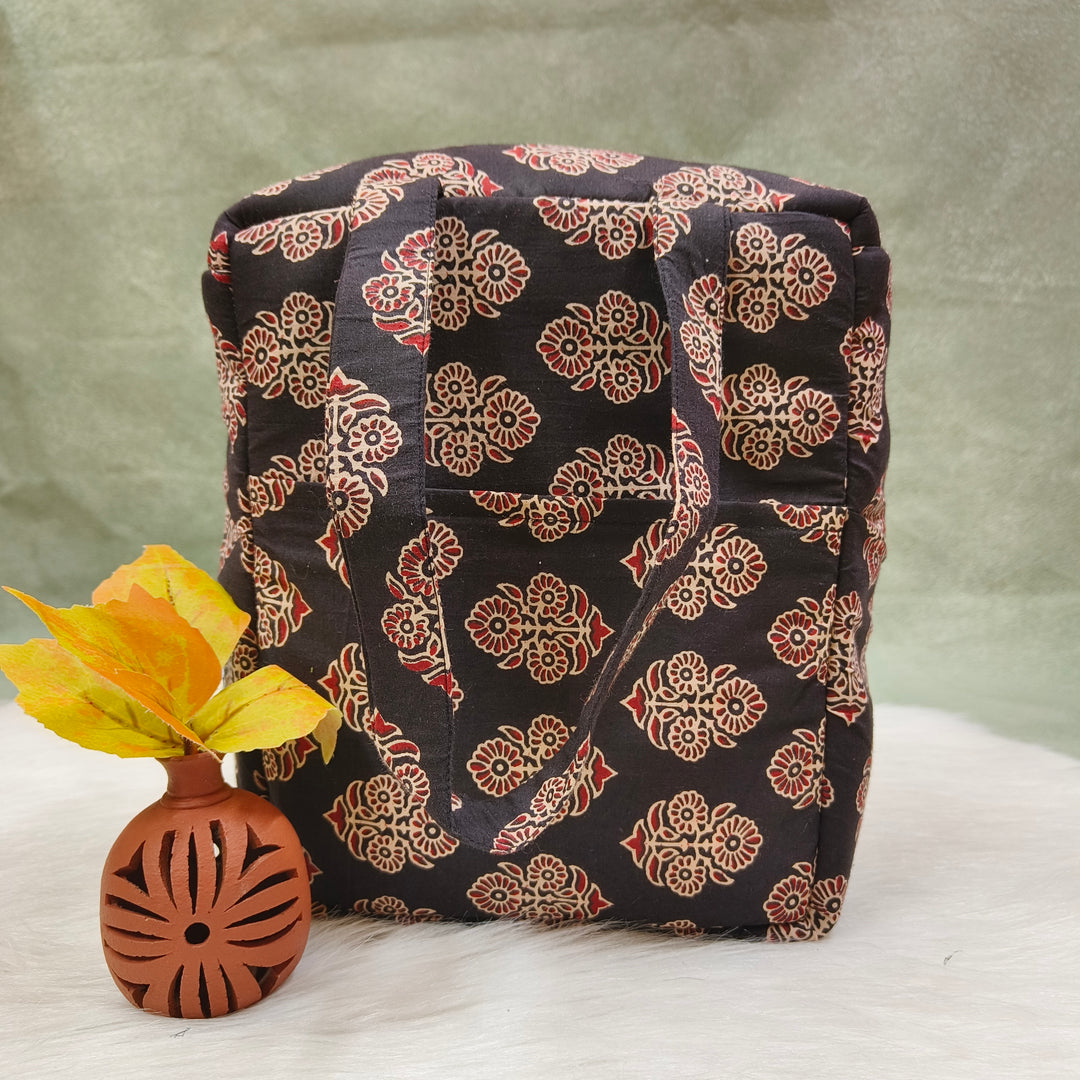 Water Proof Cotton Lunch Bag Black with floral print
