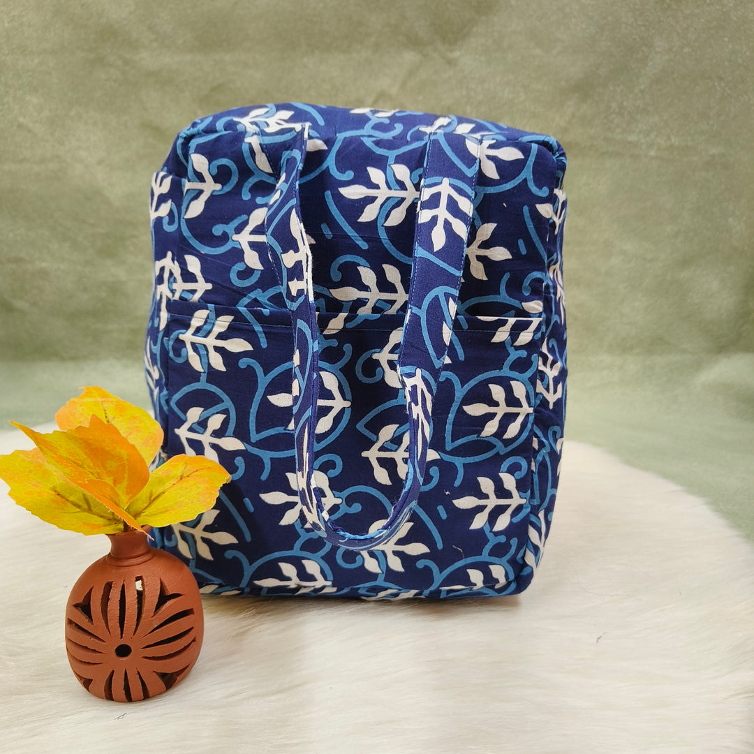 Water Proof Cotton Lunch Bag Blue with leaf white print