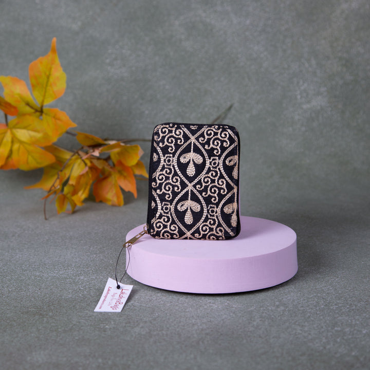 Handmade Wallets - Embroidery Mini Black Colour with Golden Flower Design.