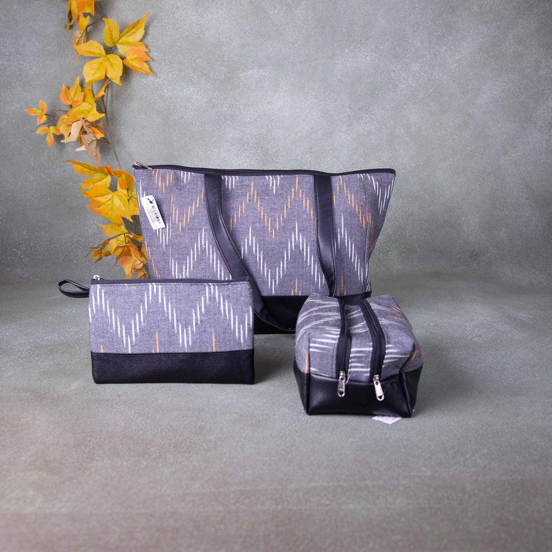 Hindustani Tote Combo Grey with Mustard Zig Zag Design