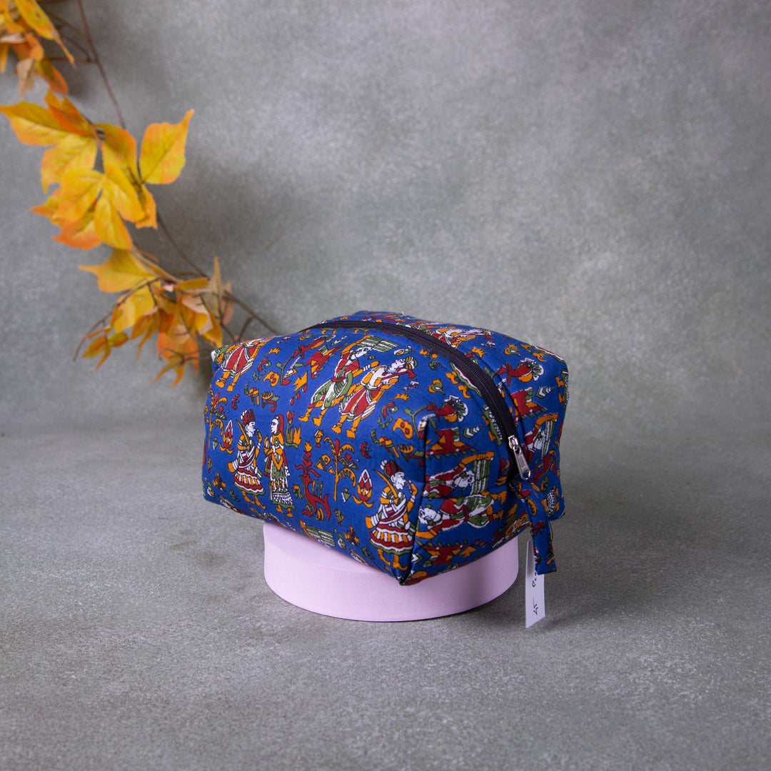 Vanity Pouch Blue with Tribal printed Kalamkari Design.