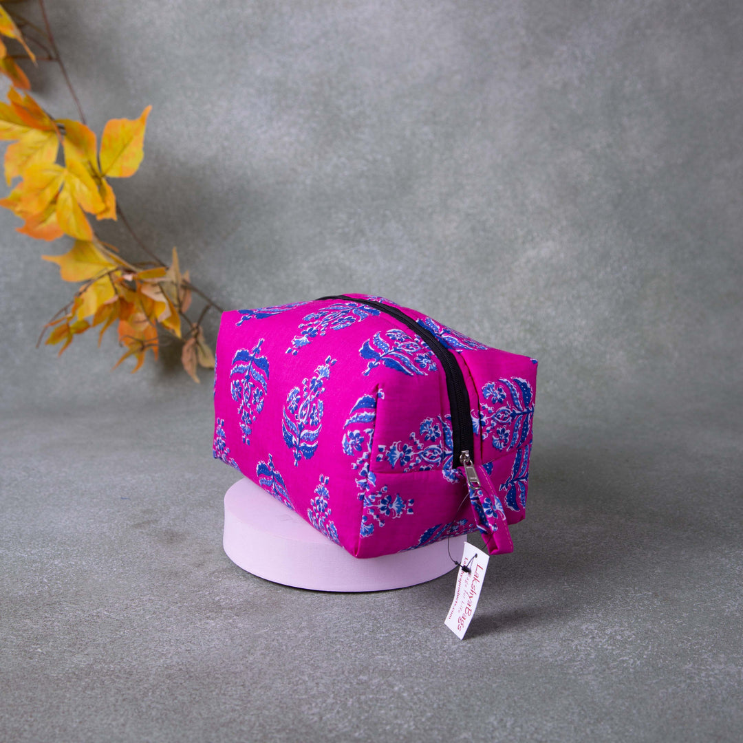 Vanity Pouch Pink Colour with Blue Big Flower Design.