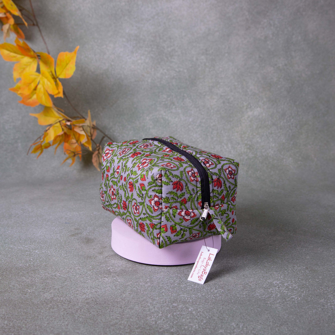 Vanity Pouch Grey Colour with Green and Red Flower Design.
