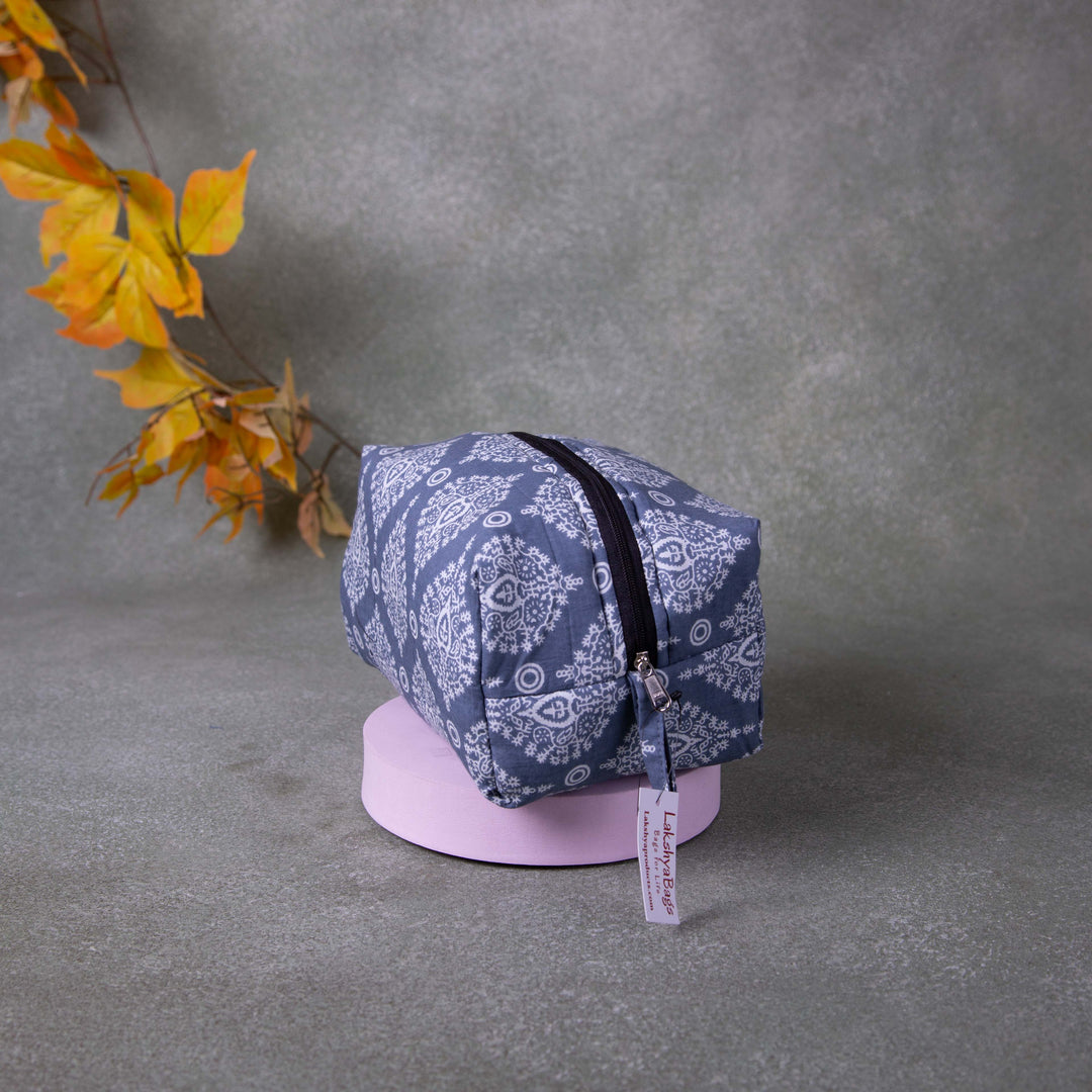 Vanity Pouch Grey with Big White Flower and Dots Design.
