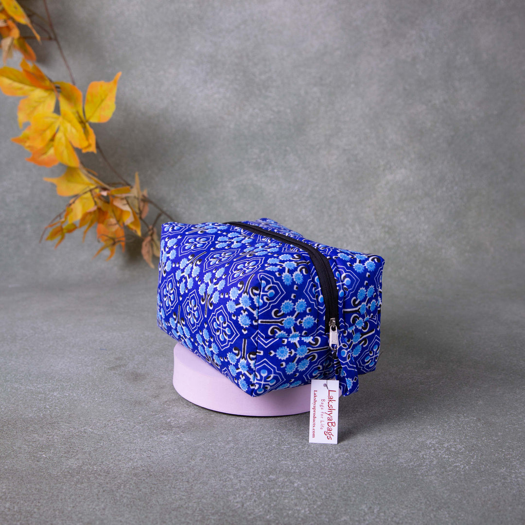 Vanity Pouch Dark Blue Colour with White Big Flower Design.