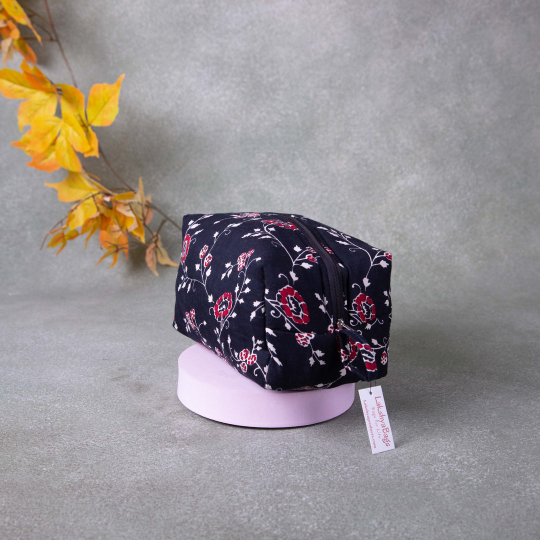 Vanity Pouch Black with Simple White and Red Flower Printed.