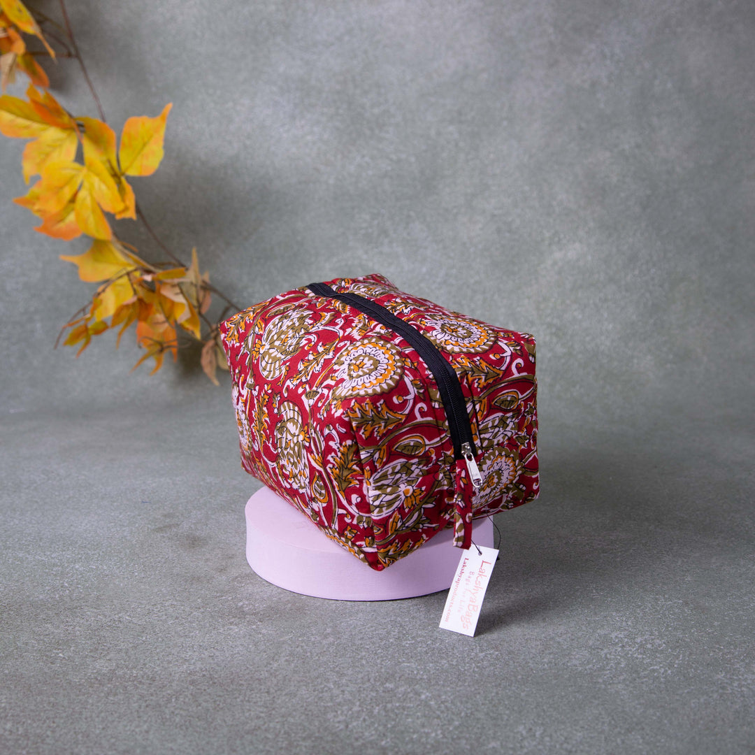 Vanity Pouch Red Colour with White and Yellow Big Flower Printed Design.