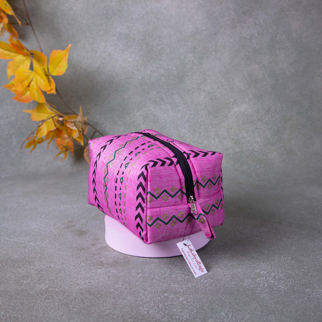 Vanity Pouch Pink with Black Arrow and Green Zig Zag Design.