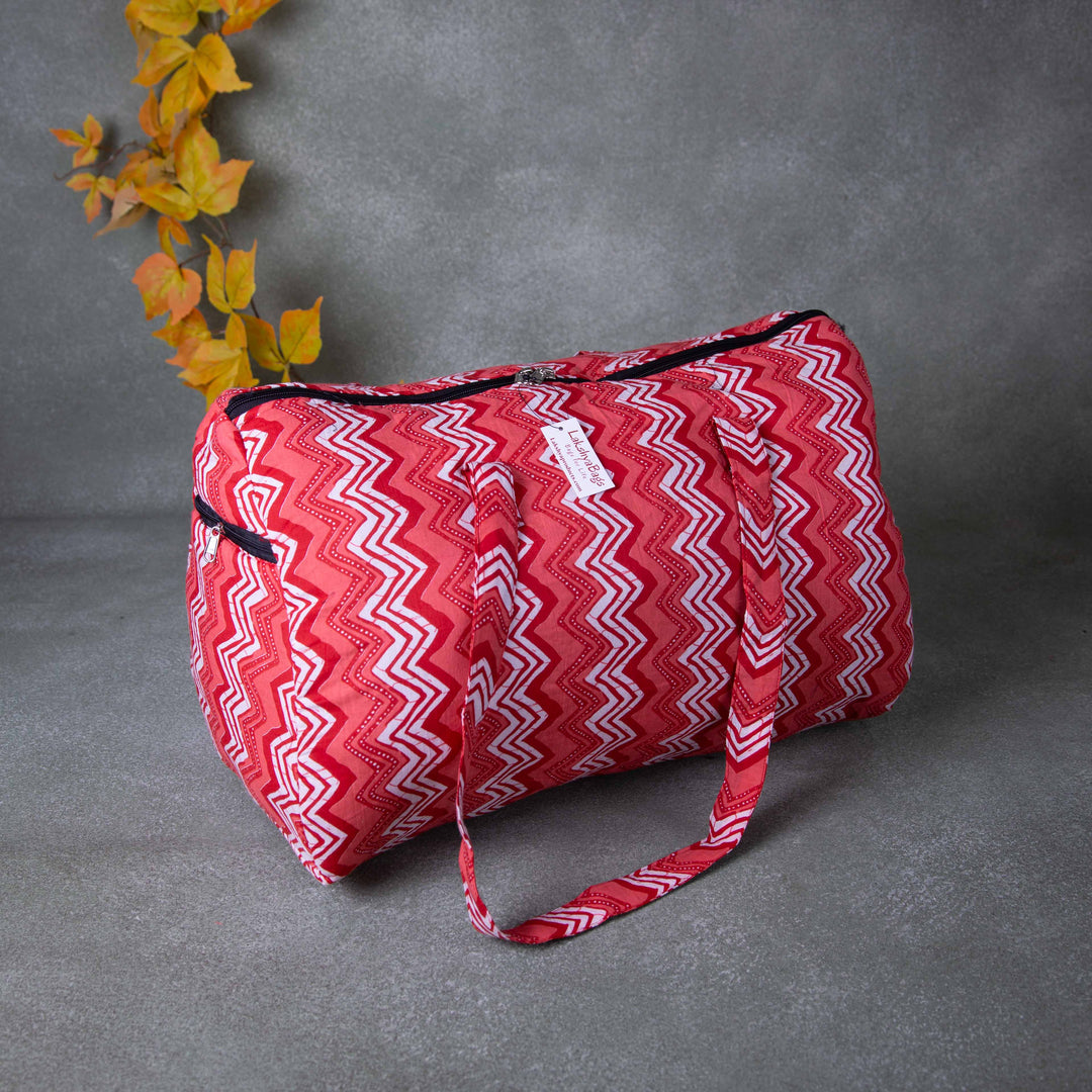 Weekender Travel Bag Red Pink Colour with Whited Zig Zag Printed Design.