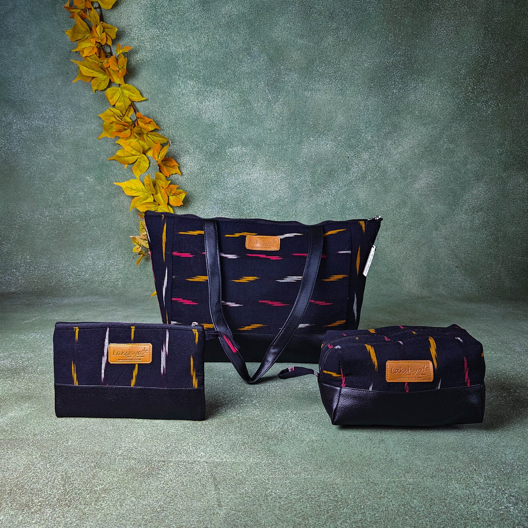 Hindustani Tote Combo Black Ditsy Horizontal Prints