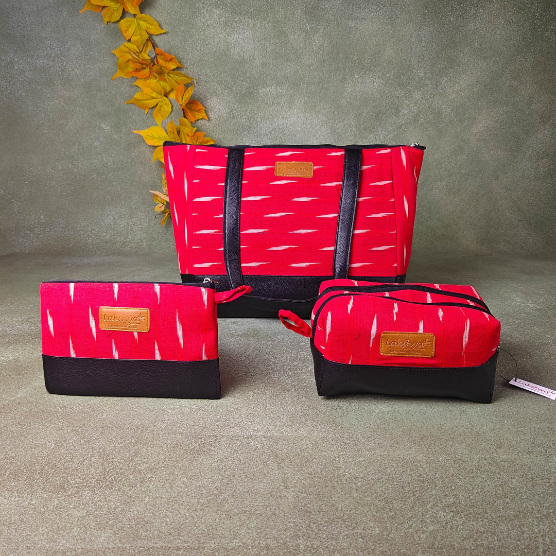 Hindustani Tote Combo Red Ditsy Horizontal Prints
